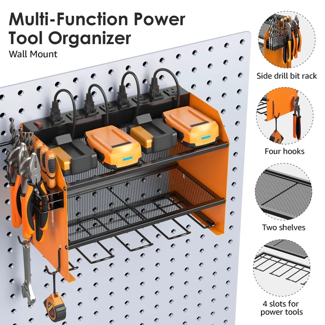 Alt view image 5 of 7 - Wall Mount Modular Tool Charging Organizer, Orange, 1 Pack, 3 Tier. Drill Battery Storage Rack with Hooks, Garage Workshop, Gifts for Men, Dad, Husband Anniversary, Birthday, Christmas