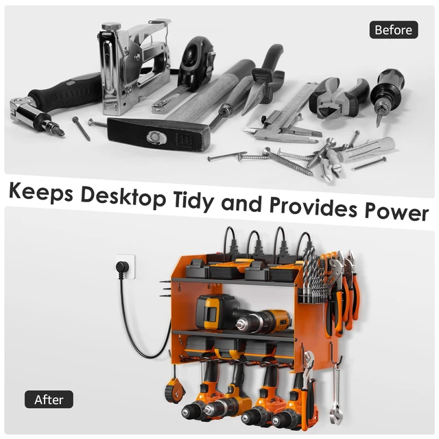 Alt view image 4 of 7 - Wall Mount Modular Tool Charging Organizer, Orange, 1 Pack, 3 Tier. Drill Battery Storage Rack with Hooks, Garage Workshop, Gifts for Men, Dad, Husband Anniversary, Birthday, Christmas