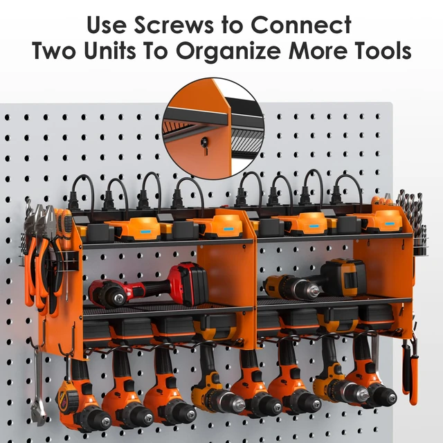 Alt view image 6 of 7 - Wall Mount Modular Tool Charging Organizer, Orange, 1 Pack, 3 Tier. Drill Battery Storage Rack with Hooks, Garage Workshop, Gifts for Men, Dad, Husband Anniversary, Birthday, Christmas