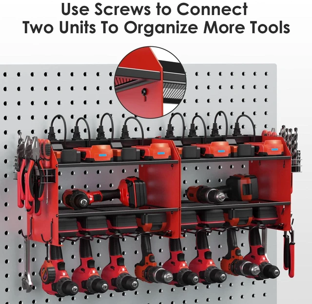 Alt view image 6 of 7 - Wall Mount Modular Tool Charging Organizer, Red, 1 Pack, 3 Tier. Drill Battery Storage Rack with Hooks, Garage Workshop, Gifts for Men, Dad, Husband Anniversary, Birthday, Christmas
