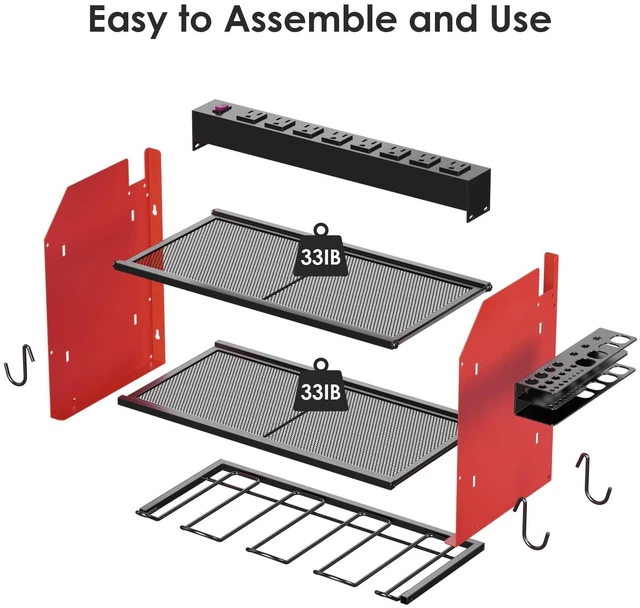 Alt view image 7 of 7 - Wall Mount Modular Tool Charging Organizer, Red, 1 Pack, 3 Tier. Drill Battery Storage Rack with Hooks, Garage Workshop, Gifts for Men, Dad, Husband Anniversary, Birthday, Christmas