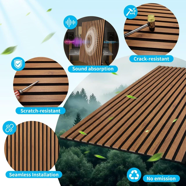 Alt view image 3 of 7 - 47 x 23.6 Inch Acoustic Wood Slat Design Wall Panels, 4-Pack, Walnut Lightweight, Noise Reduction, Crack Resistant, Sustainable, Easy Installation, for Office, Living Room, Bedroom Wall Decor