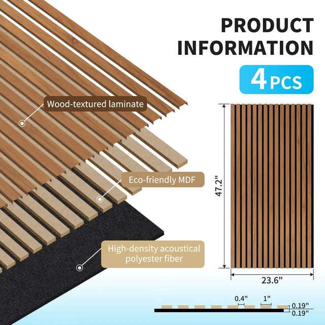 Alt view image 5 of 7 - 47 x 23.6 Inch Acoustic Wood Slat Design Wall Panels, 4-Pack, Walnut Lightweight, Noise Reduction, Crack Resistant, Sustainable, Easy Installation, for Office, Living Room, Bedroom Wall Decor