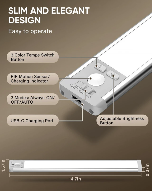 Alt view image 3 of 7 - 14.7inch Under Cabinet Lighting, Wireless Motion Sensor Light,5 Pack 3 Color Temps, Rechargeable, 2200mAh, Dimmable, Magnetic, LED Closet Light, Under Counter Lights for Kitchen, Stairs, Hallway