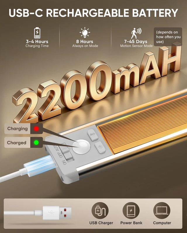 Alt view image 7 of 7 - 14.7inch Under Cabinet Lighting, Wireless Motion Sensor Light,5 Pack 3 Color Temps, Rechargeable, 2200mAh, Dimmable, Magnetic, LED Closet Light, Under Counter Lights for Kitchen, Stairs, Hallway