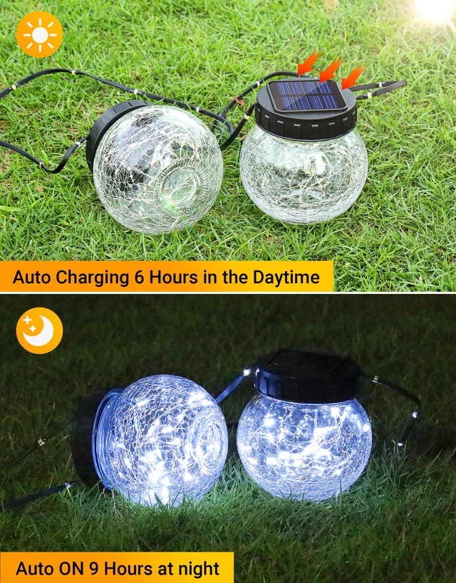 Alt view image 3 of 7 - Solar Lights Outdoor Waterproof 12-Pack, Solar Powered Hanging Lantern Cracked Glass Hanging Globes for Yard Decor Christmas Decoration, Shepherd Hook, Garden Tree Ornaments, Cold White
