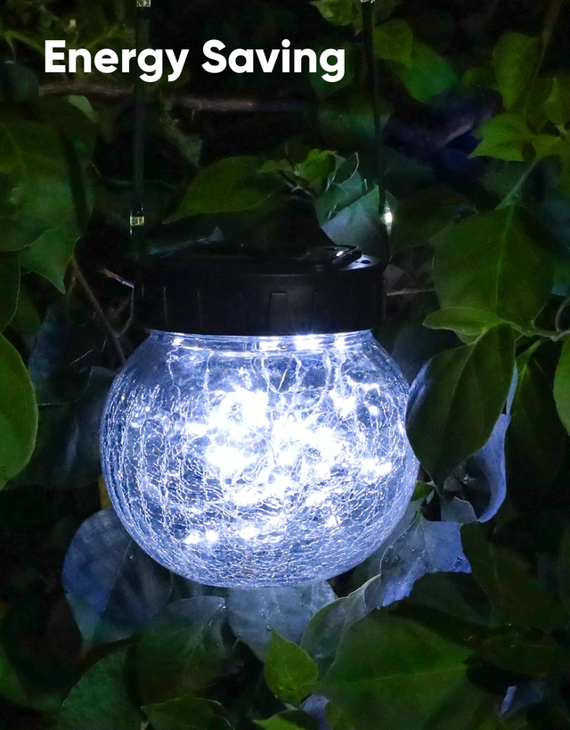 Alt view image 5 of 7 - Solar Lights Outdoor Waterproof 12-Pack, Solar Powered Hanging Lantern Cracked Glass Hanging Globes for Yard Decor Christmas Decoration, Shepherd Hook, Garden Tree Ornaments, Cold White