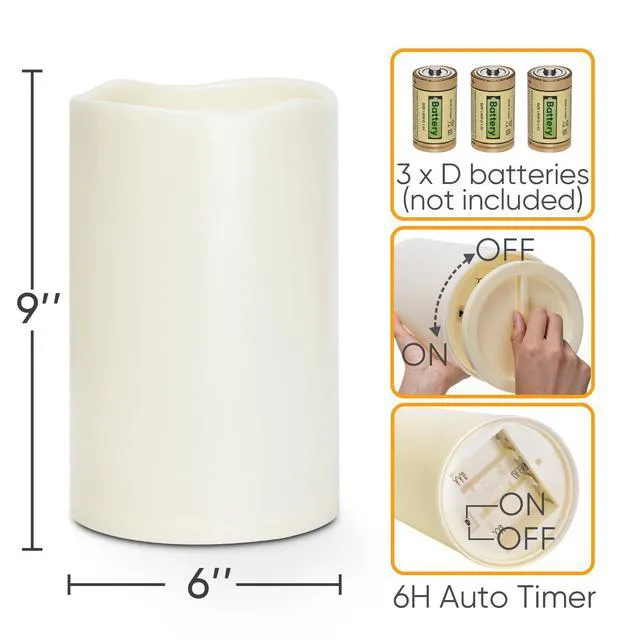 Alt view image 2 of 7 - 6" x 9" Extra Large Outdoor Waterproof Candle with Auto 6H Timer LED Flickering Pillar Candle Battery Operated for Lanterns, Ivory Plastic Made, No Remote, Long Last for Half A Year, 2 Pack