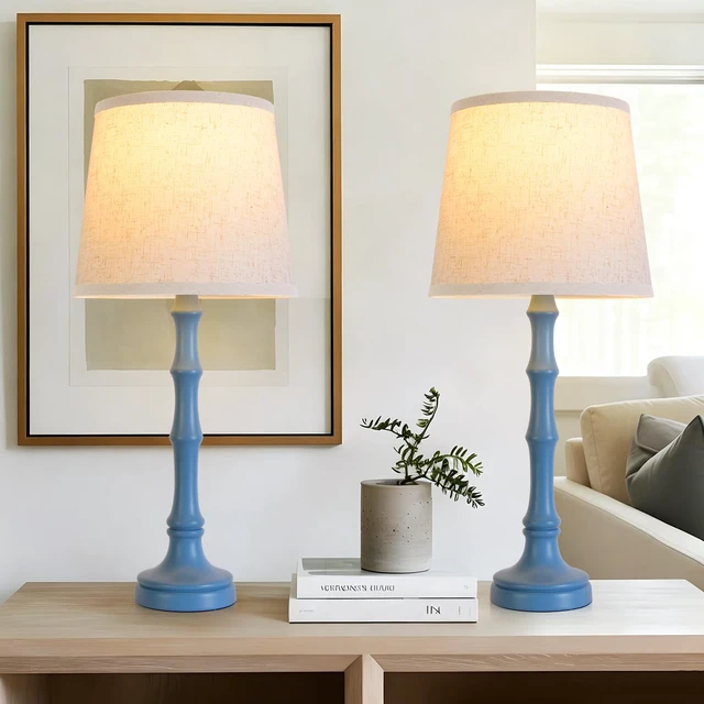 Alt view image 2 of 7 - Lamps Set of 2 Modern Farmhouse Table Lamp Bedside Reading Lamps Living Room End Tables Set Lamps for Night Stands Bedroom Night Lamp,High 26.25 Inch,blue,With Fabric Lamp Shade,Bulb Not Included