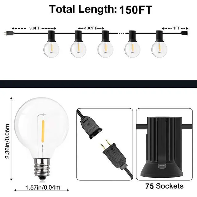 Alt view image 2 of 6 - 150FT Outdoor String Lights, Waterproof Patio Lights with 77 Dimmable Hanging Light Globe G40 Bulbs, 2700k Shatterproof Connectable for Backyard Gazebo Porch Outside Decor