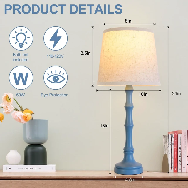 Alt view image 4 of 7 - Lamps Set of 2 Modern Farmhouse Table Lamp Bedside Reading Lamps Living Room End Tables Set Lamps for Night Stands Bedroom Night Lamp,High 26.25 Inch,blue,With Fabric Lamp Shade,Bulb Not Included