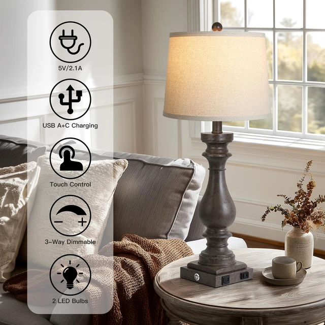 Alt view image 3 of 7 - 29" Tall Farmhouse Table Lamp for Living Room Set of 2,Vintage Retro Nightstand Lamps with USB C+A Ports & AC Outlet,3-Way Dimmable Touch Bedside Lamp for Bedroom End Table,Earthy Tone