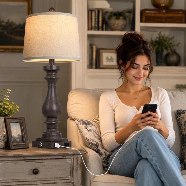 Alt view image 4 of 7 - 29" Tall Farmhouse Table Lamp for Living Room Set of 2,Vintage Retro Nightstand Lamps with USB C+A Ports & AC Outlet,3-Way Dimmable Touch Bedside Lamp for Bedroom End Table,Earthy Tone