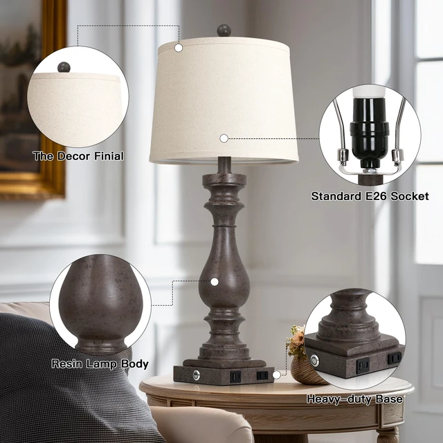 Alt view image 7 of 7 - 29" Tall Farmhouse Table Lamp for Living Room Set of 2,Vintage Retro Nightstand Lamps with USB C+A Ports & AC Outlet,3-Way Dimmable Touch Bedside Lamp for Bedroom End Table,Earthy Tone