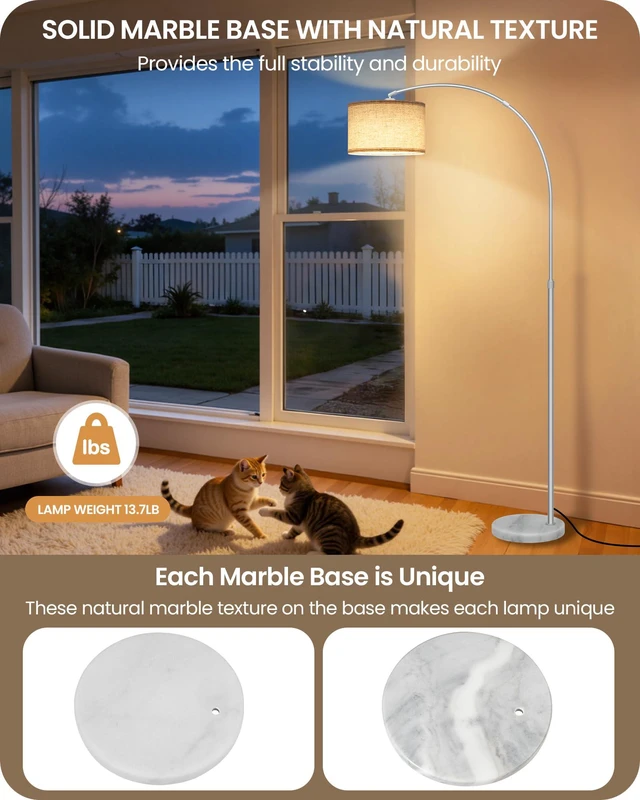 Alt view image 2 of 7 - 75" Silver Arc Floor Lamp with Marble Base and Adjustable Height, Rotating Hanging Shade, Dimmable Floor Lamp for Living Room with Remote and Foot Switch, 3CCT, Beige and Silver SE15LD05N1