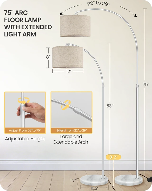 Alt view image 3 of 7 - 75" Silver Arc Floor Lamp with Marble Base and Adjustable Height, Rotating Hanging Shade, Dimmable Floor Lamp for Living Room with Remote and Foot Switch, 3CCT, Beige and Silver SE15LD05N1