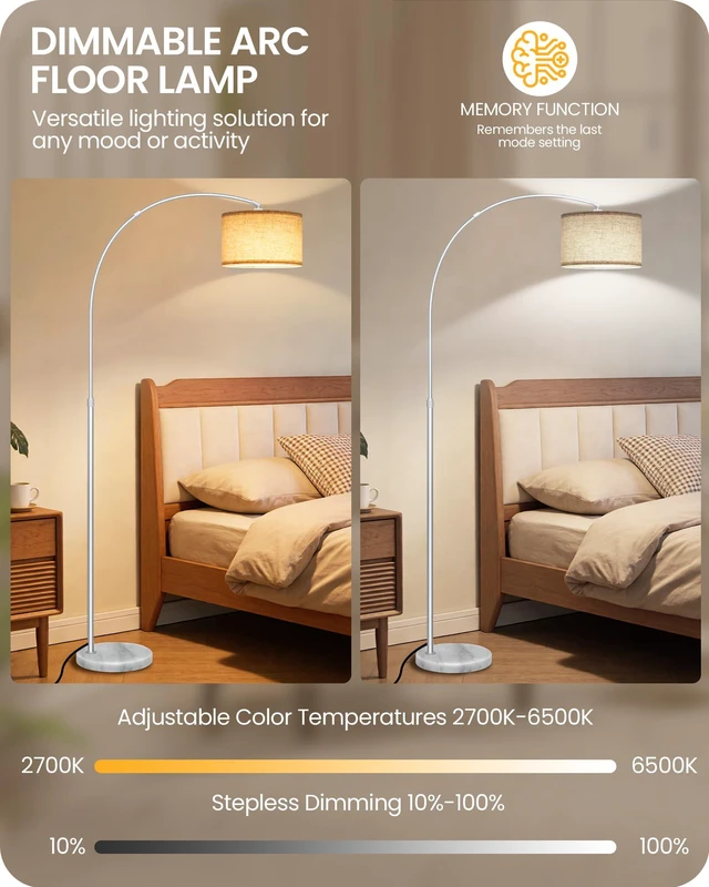 Alt view image 5 of 7 - 75" Silver Arc Floor Lamp with Marble Base and Adjustable Height, Rotating Hanging Shade, Dimmable Floor Lamp for Living Room with Remote and Foot Switch, 3CCT, Beige and Silver SE15LD05N1