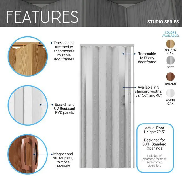 Alt view image 3 of 7 - Studio Series 36" x 80" PVC Foldable Accordion Door, Walnut Trimmable PVC panels, flexible single-layer design, space-saving interior door, room divider, easy installation