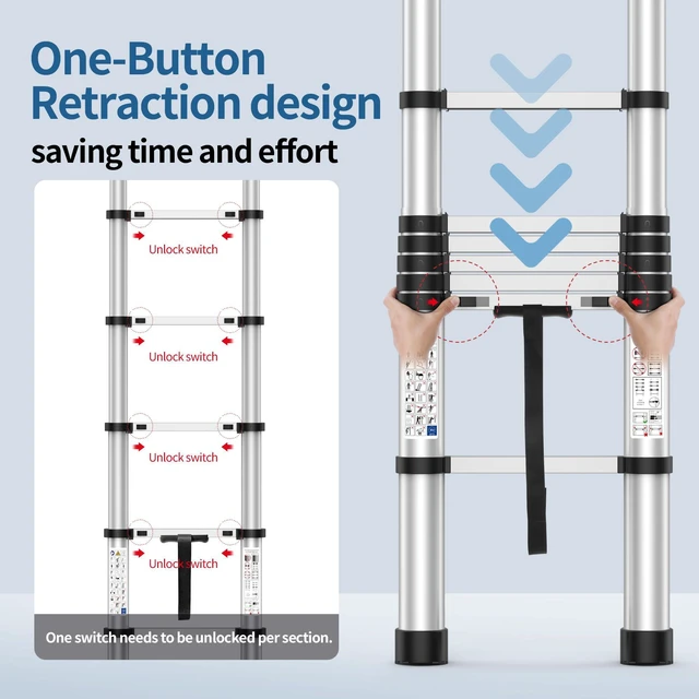 Alt view image 4 of 7 - 2026 New 9.8FT Telescoping Ladder 330lb Capacity Heavy-Duty Aluminum Anti-Slip Steps, Secure Attic Access, Roof And Home Renovation Use, Heavy-Duty Aluminum Construction, Extension Ladder