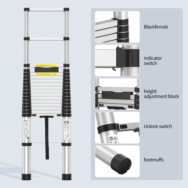 Alt view image 5 of 7 - 2026 New 9.8FT Telescoping Ladder 330lb Capacity Heavy-Duty Aluminum Anti-Slip Steps, Secure Attic Access, Roof And Home Renovation Use, Heavy-Duty Aluminum Construction, Extension Ladder
