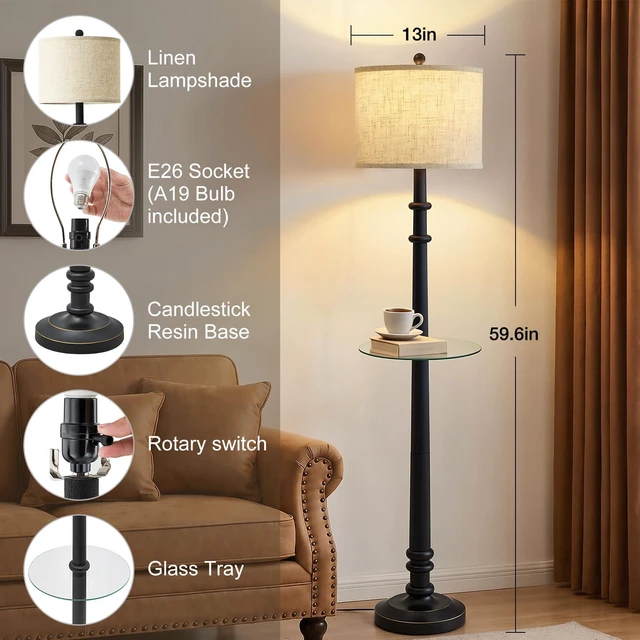 Alt view image 3 of 7 - Floor Lamps for Living Room - 60" Farmhouse Floor Lamp with Adjustable Color Temperatures - Vintage Standing Lamp Reading Light - Retro Tall Lamp with Table for Bedroom Office, Rustic Black