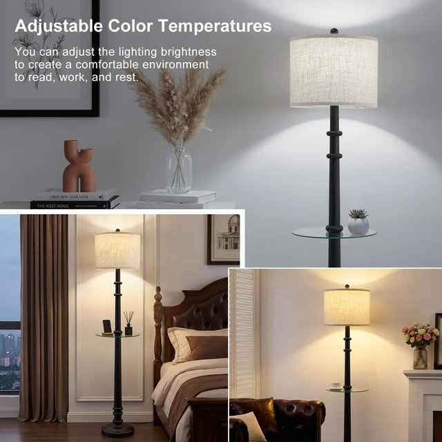 Alt view image 5 of 7 - Floor Lamps for Living Room - 60" Farmhouse Floor Lamp with Adjustable Color Temperatures - Vintage Standing Lamp Reading Light - Retro Tall Lamp with Table for Bedroom Office, Rustic Black