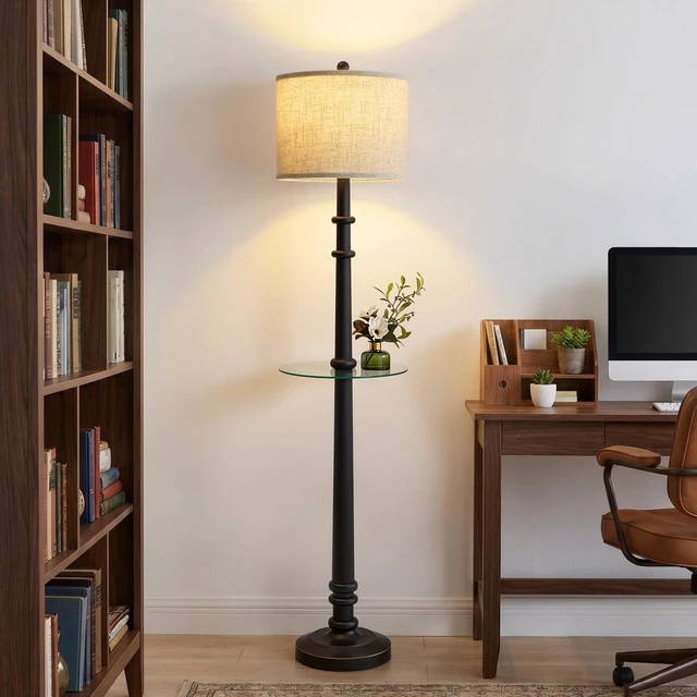 Alt view image 6 of 7 - Floor Lamps for Living Room - 60" Farmhouse Floor Lamp with Adjustable Color Temperatures - Vintage Standing Lamp Reading Light - Retro Tall Lamp with Table for Bedroom Office, Rustic Black