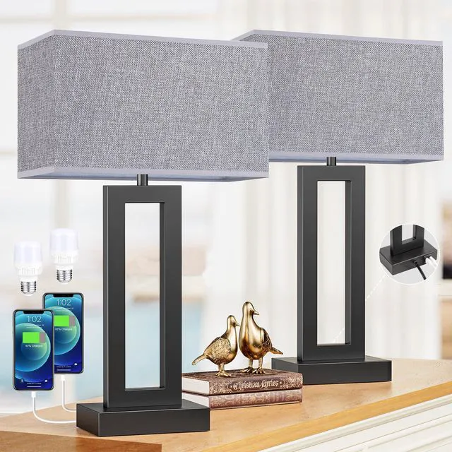 Main image of 22" Tall Living Room Lamps for Night Stands - Touch Bedside Lamp with USB C+A, 3 Way Dimmable Bedroom Lamps for End Tables Set of 2, Modern Night Stand Lamps for Bed Side(Grey&Black)