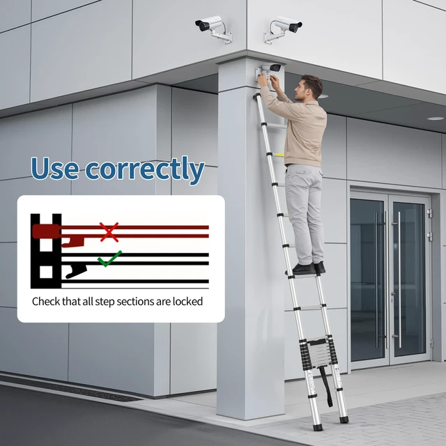 Alt view image 7 of 7 - 2026 New 9.8FT Telescoping Ladder 330lb Capacity Heavy-Duty Aluminum Anti-Slip Steps, Secure Attic Access, Roof And Home Renovation Use, Heavy-Duty Aluminum Construction, Extension Ladder
