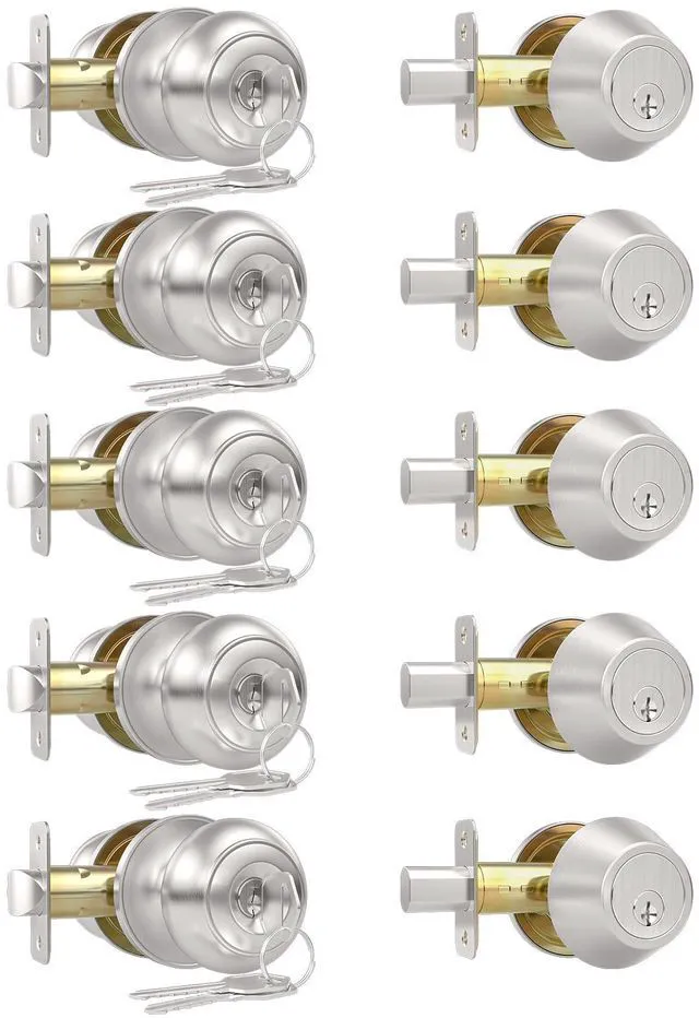 Main image of 5 Pack Exterior Door Knob with Lock, Keyed Entry Front Door Lock Set Keyed Alike Entry Door Knob with Single Cylinder Deadbolt Lock, Brushed Nickel Reversible Knob for Bedroom, Adjustable Latch