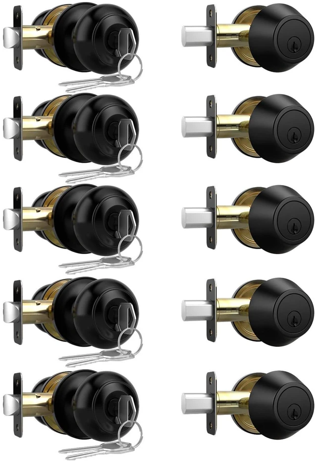 Main image of 5 Pack Front Door Lock Set, Exterior Door Knob with Lock and Key Keyed Alike Reversible Door Knob with Lock, Matte Black Single Cylinder Deadbolt Lock for Front Back Door, Adjustable Latch