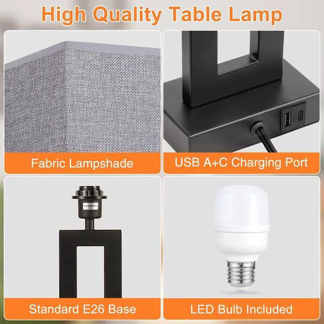 Alt view image 5 of 7 - 22" Tall Living Room Lamps for Night Stands - Touch Bedside Lamp with USB C+A, 3 Way Dimmable Bedroom Lamps for End Tables Set of 2, Modern Night Stand Lamps for Bed Side(Grey&Black)