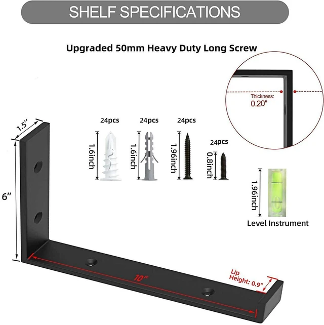 Alt view image 3 of 7 - Shelf Bracket, Heavy Duty Floating Shelf Brackets 10-Inch Long, 12-Pack Brackets for Shelves, Black Coated J Shape Metal Wall Shelf Support Brackets with 1/5-Inch Thick and 160 lb. Load Capacity