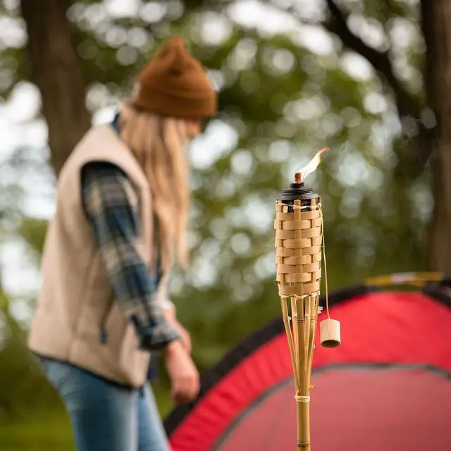 Alt view image 6 of 7 - Bamboo Torches 8-Pack Weather-Resistant Outdoor Décor with Easy-Pour Wide-Mouth Canister Refill for Patio, Garden, Backyard, and Parties, 57-Inch Citronella Torches