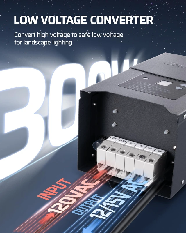 Alt view image 2 of 7 - 300W Low Voltage Landscape Lighting Transformer, 120V to 12/15V AC, Weatherproof Low Voltage Landscape Transformer with Photocell & Timer, Multi Zone Landscape Lighting Transformer