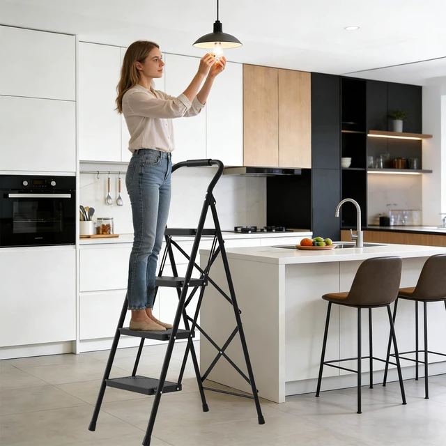 Alt view image 3 of 4 - Step Stool for Adults,4 Step Ladder Folding 330lbs Anti Slip Step Ladder,Foldable Ergonomic Step Stool with Wide Pedal for Home, Kitchen, Office (Sliver)
