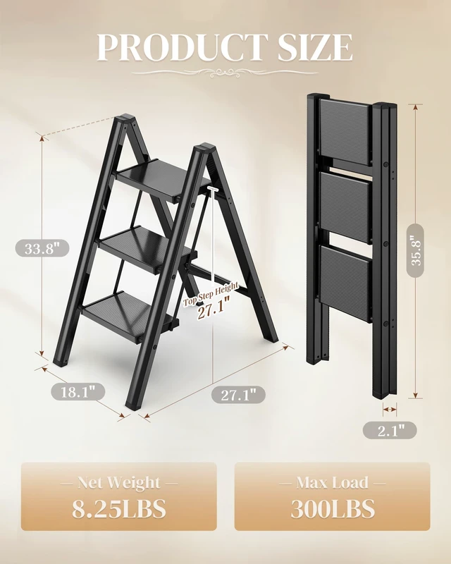Alt view image 2 of 7 - 3 Step Ladder, Foldable Aluminum Step Stool with Anti-Slip Pedal Lightweight yet Sturdy, Portable, Non Slip Feet, 300Lbs Capacity, Elegant Look, for Kitchen, Closet, Pantry, Black
