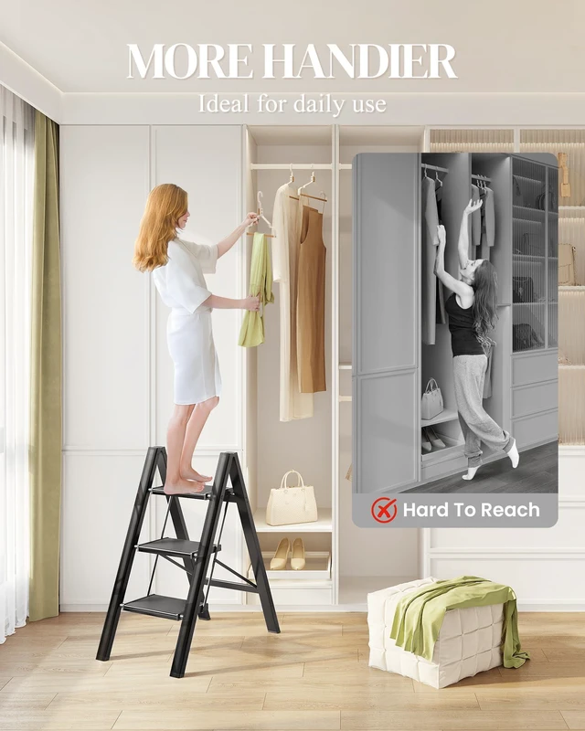 Alt view image 4 of 7 - 3 Step Ladder, Foldable Aluminum Step Stool with Anti-Slip Pedal Lightweight yet Sturdy, Portable, Non Slip Feet, 300Lbs Capacity, Elegant Look, for Kitchen, Closet, Pantry, Black