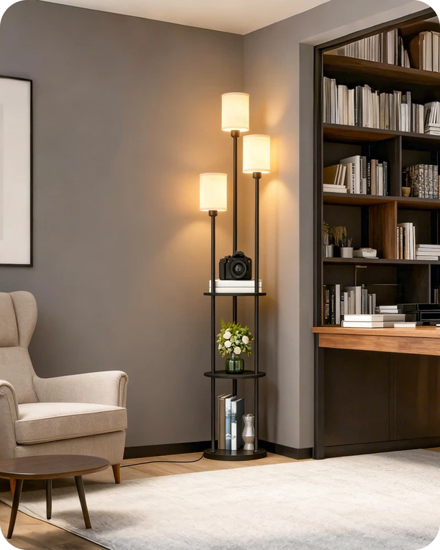 Alt view image 2 of 7 - Floor Lamp with Shelves, Modern Floor Lamp with 3 Linen Shades and Foot Switch, 3-Light Standing Lamp, for Living Room, Bedroom, Study, Office, Black and Beige E53LD05