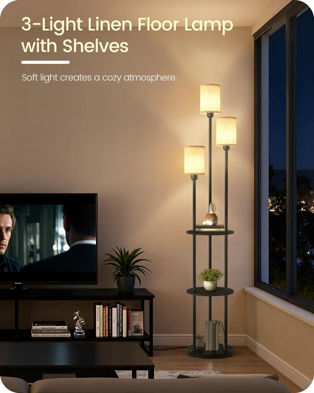 Alt view image 3 of 7 - Floor Lamp with Shelves, Modern Floor Lamp with 3 Linen Shades and Foot Switch, 3-Light Standing Lamp, for Living Room, Bedroom, Study, Office, Black and Beige E53LD05