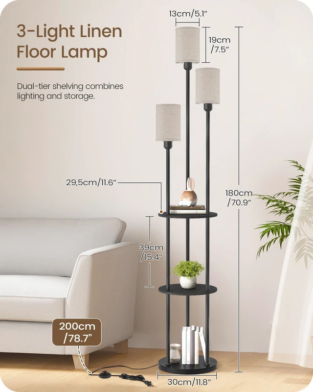 Alt view image 4 of 7 - Floor Lamp with Shelves, Modern Floor Lamp with 3 Linen Shades and Foot Switch, 3-Light Standing Lamp, for Living Room, Bedroom, Study, Office, Black and Beige E53LD05