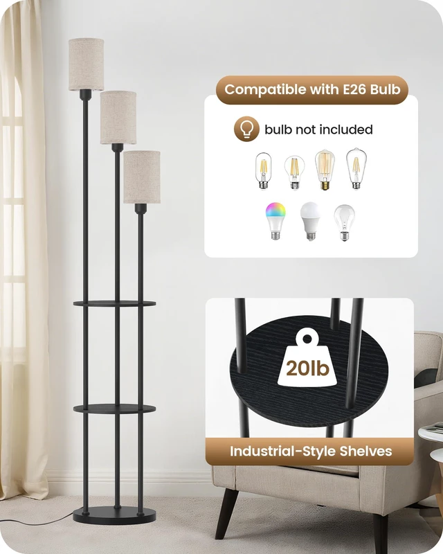 Alt view image 6 of 7 - Floor Lamp with Shelves, Modern Floor Lamp with 3 Linen Shades and Foot Switch, 3-Light Standing Lamp, for Living Room, Bedroom, Study, Office, Black and Beige E53LD05