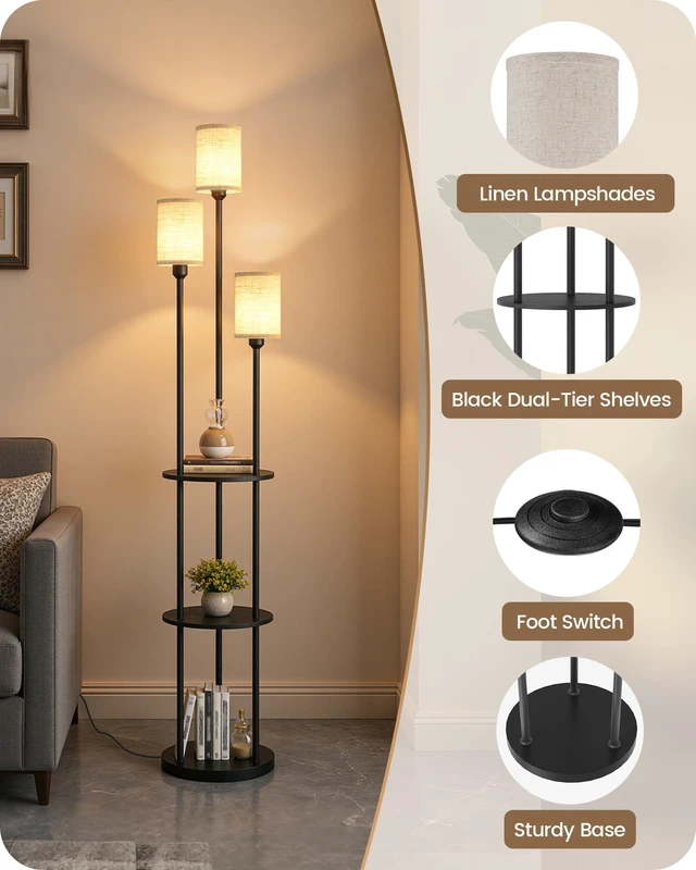 Alt view image 5 of 7 - Floor Lamp with Shelves, Modern Floor Lamp with 3 Linen Shades and Foot Switch, 3-Light Standing Lamp, for Living Room, Bedroom, Study, Office, Black and Beige E53LD05