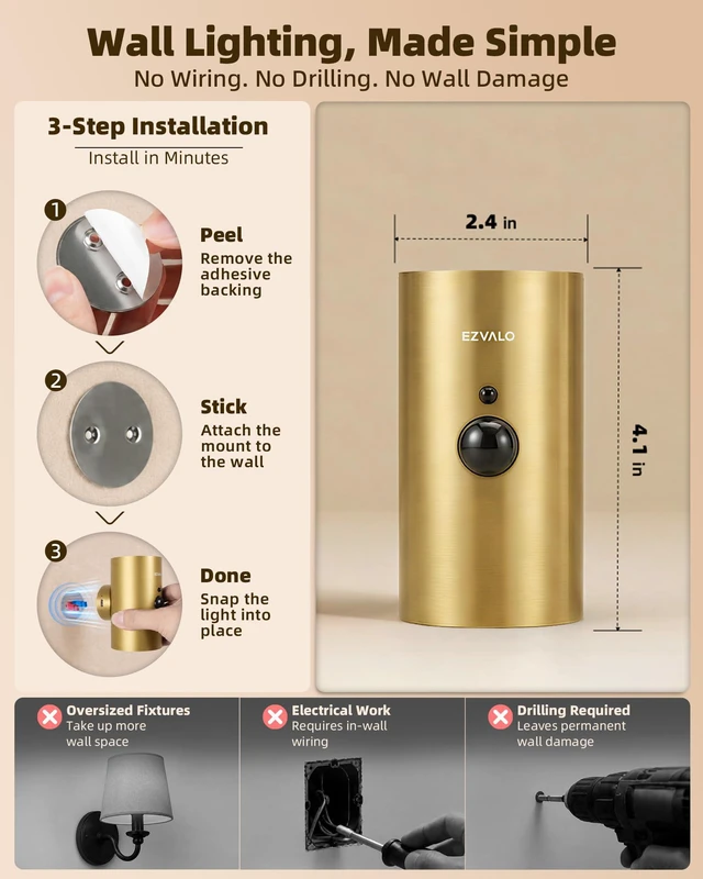 Alt view image 4 of 7 - Motion Sensor Wall Sconces, Gold Rechargeable Wall Decor 3CCT & RGB, No Drill Mount, Remote, Magnetic, Ambient for Living Room, Bedroom, Hallway - 4 Pack, Gold