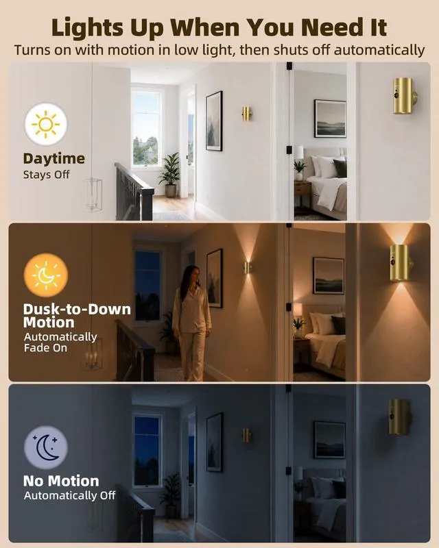 Alt view image 3 of 7 - Motion Sensor Wall Sconces, Gold Rechargeable Wall Decor 3CCT & RGB, No Drill Mount, Remote, Magnetic, Ambient for Living Room, Bedroom, Hallway - 4 Pack, Gold