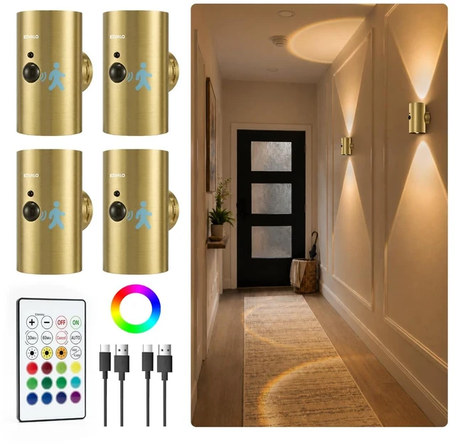 Main image of Motion Sensor Wall Sconces, Gold Rechargeable Wall Decor 3CCT & RGB, No Drill Mount, Remote, Magnetic, Ambient for Living Room, Bedroom, Hallway - 4 Pack, Gold