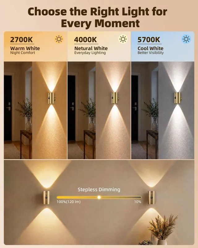Alt view image 5 of 7 - Motion Sensor Wall Sconces, Gold Rechargeable Wall Decor 3CCT & RGB, No Drill Mount, Remote, Magnetic, Ambient for Living Room, Bedroom, Hallway - 4 Pack, Gold