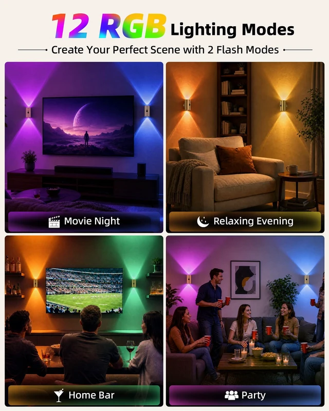 Alt view image 7 of 7 - Motion Sensor Wall Sconces, Gold Rechargeable Wall Decor 3CCT & RGB, No Drill Mount, Remote, Magnetic, Ambient for Living Room, Bedroom, Hallway - 4 Pack, Gold