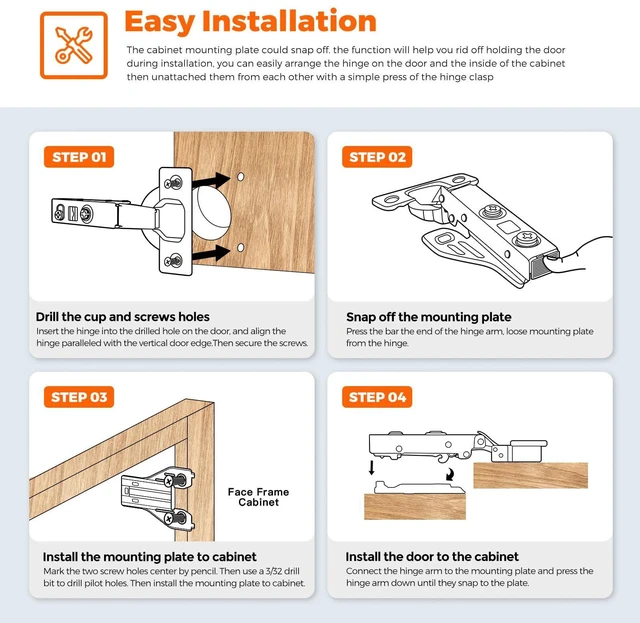 Alt view image 6 of 7 - 105 Degree Concealed Kitchen Cabinet Hinges,Full Overlay,30 Packs(15 Pairs) Soft Close Motion, Concealed Cabinet Fit, Strong Load-Bearing, Adjustable Cabinet Door Hinges, for Face Frame Cabinet
