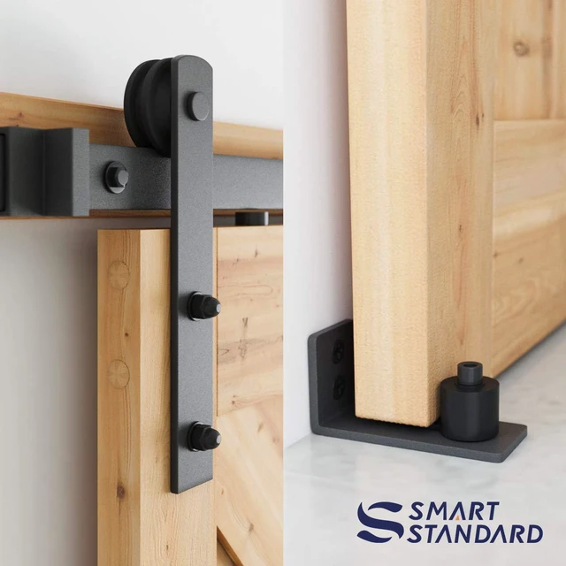 Alt view image 4 of 7 - 4 FT Heavy Duty Sturdy Sliding Barn Door Hardware Kit, Black (Whole Set Includes 1x Pull Handle Set & 1x Floor Guide) Fit 24" Wide Door Panel (I Shape Hanger)
